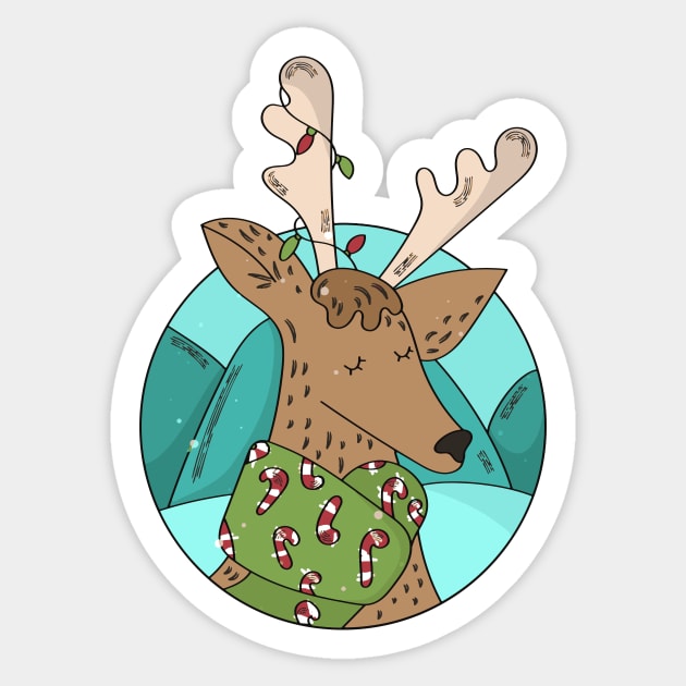 Cute Christmas Deer Illustration with Candy Cane Scarf Sticker by SLAG_Creative